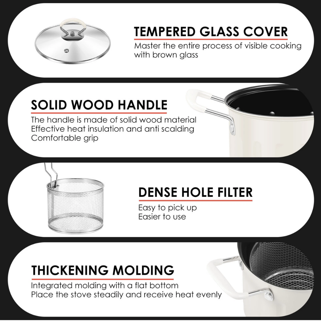 NordFry WhiteCream 3L Enamel Deep Frying Pot with Glass Lid & 304 Stainless Steel Basket – Minimalist Nordic Oil Pot (2)