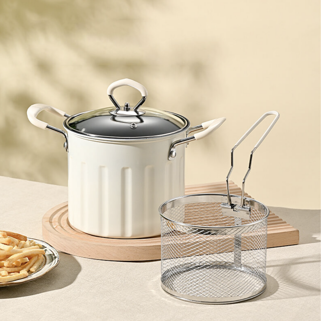 NordFry WhiteCream 3L Enamel Deep Frying Pot with Glass Lid & 304 Stainless Steel Basket – Minimalist Nordic Oil Pot