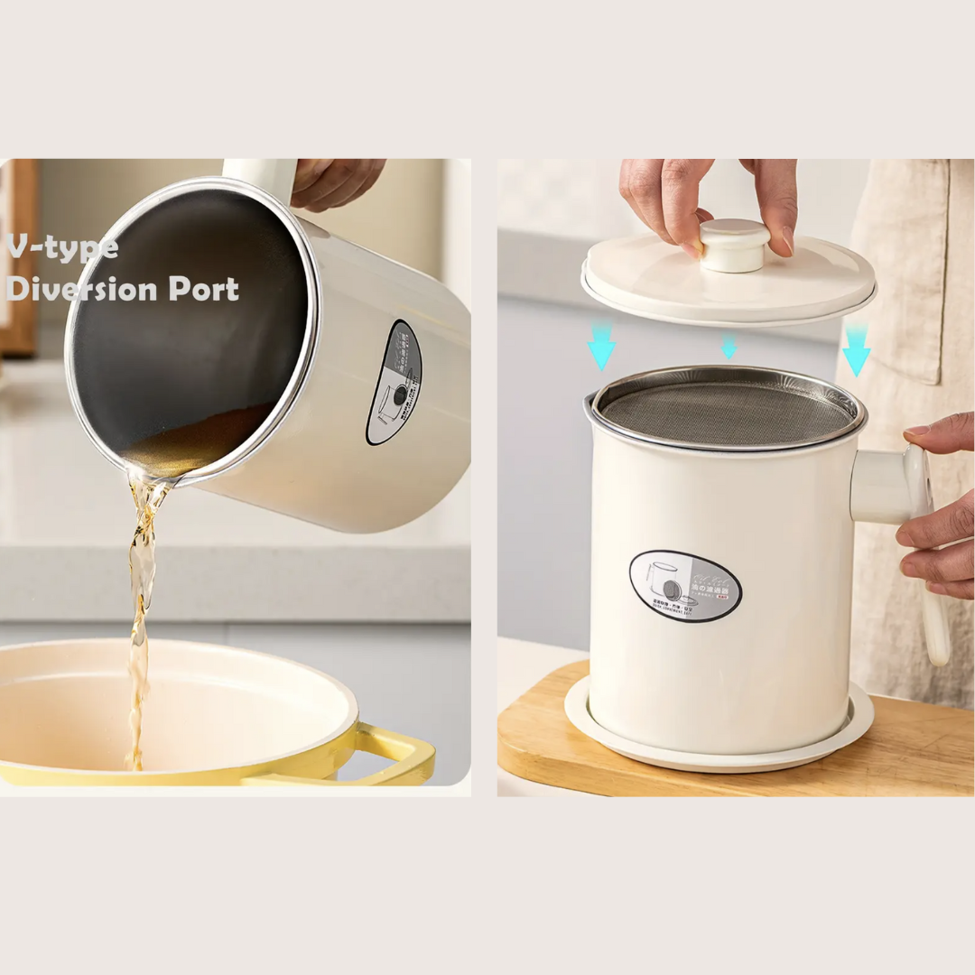 NordFry WhiteCream Enamel Oil Container with Lid & Strainer – Minimalist Kitchen Grease Pot (1.4L) (3)