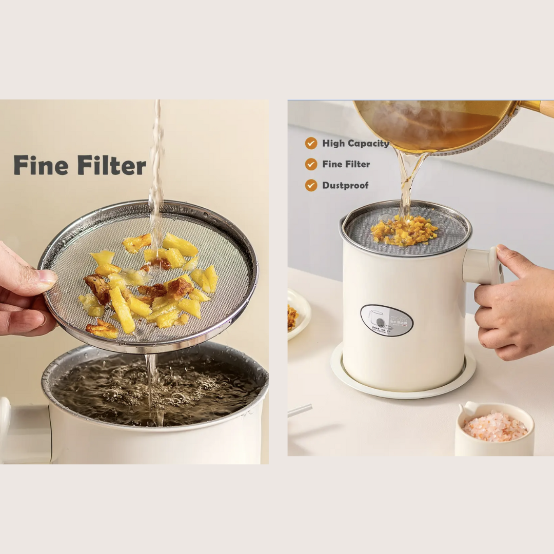 NordFry WhiteCream Enamel Oil Container with Lid & Strainer – Minimalist Kitchen Grease Pot (1.4L) (4)