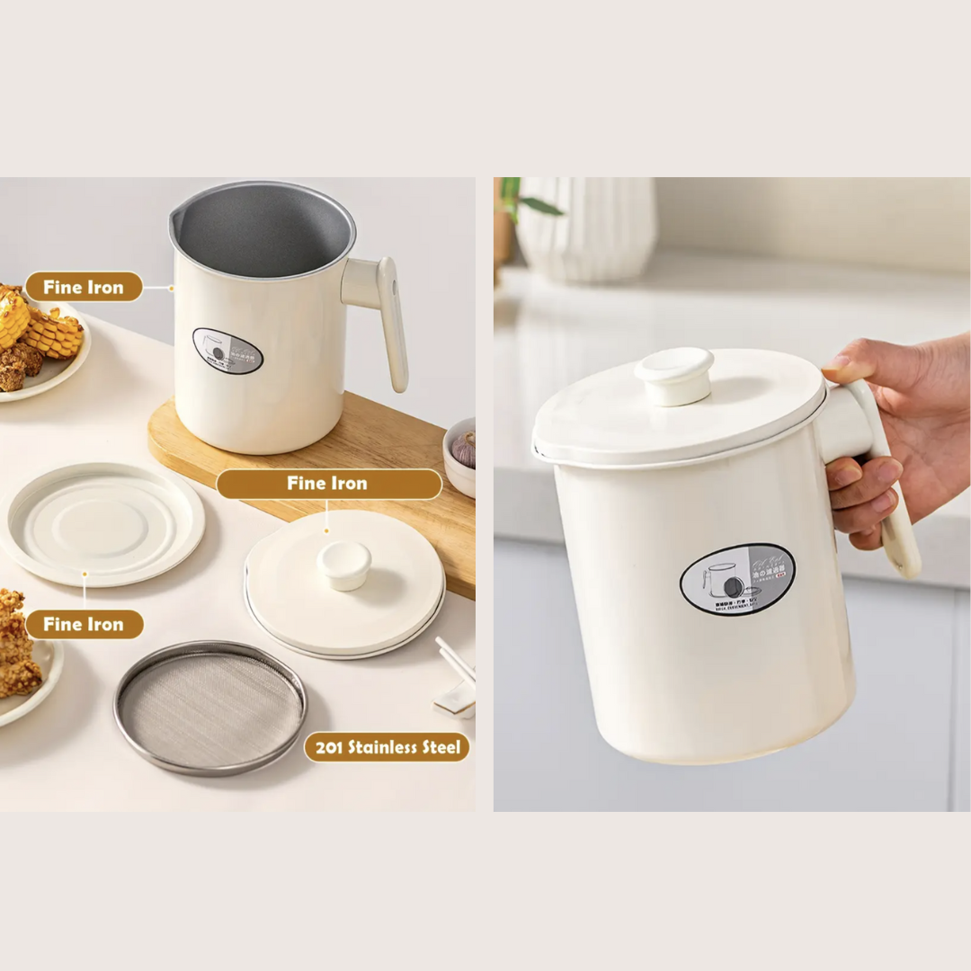 NordFry WhiteCream Enamel Oil Container with Lid & Strainer – Minimalist Kitchen Grease Pot (1.4L) (5)