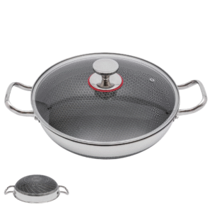 HexaCook 32cm Deep Honeycomb Non-Stick Pan with Glass Lid & Double Handles – Stainless Steel Stir Fry Pot