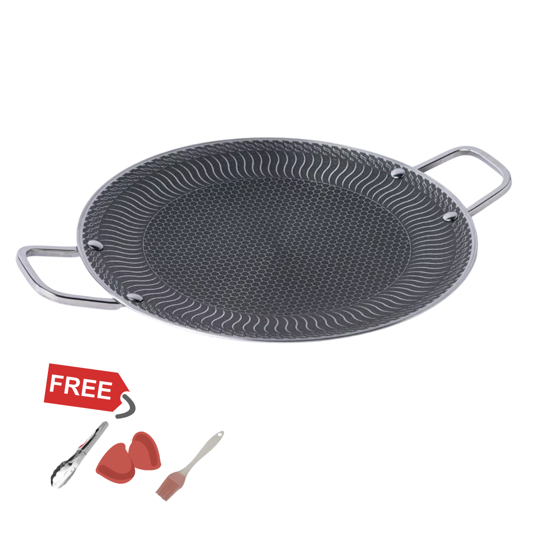 HexaCook 38cm Multipurpose Chapati Pan – 316 Stainless Steel Honeycomb Non-Stick Frying Wok with Handles + Free Gifts
