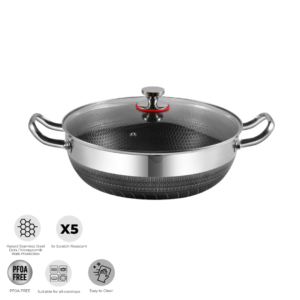 Hexacook 24cm 3-Layer Honeycomb Stainless Steel Shallow Wok with Glass Lid (NW)
