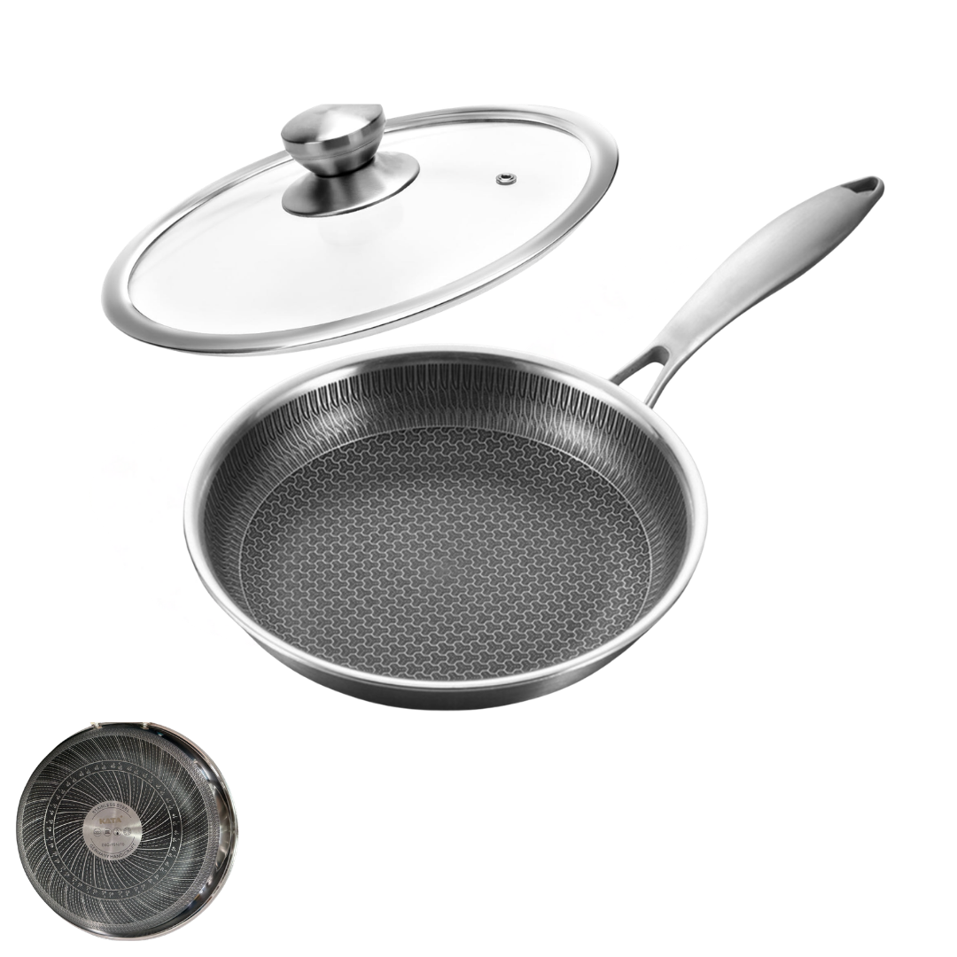 HexaCook KATA Honeycomb Double Sided Non-Stick Frying Pan with Glass Lid – Stainless Steel Cookware for Gas & Induction