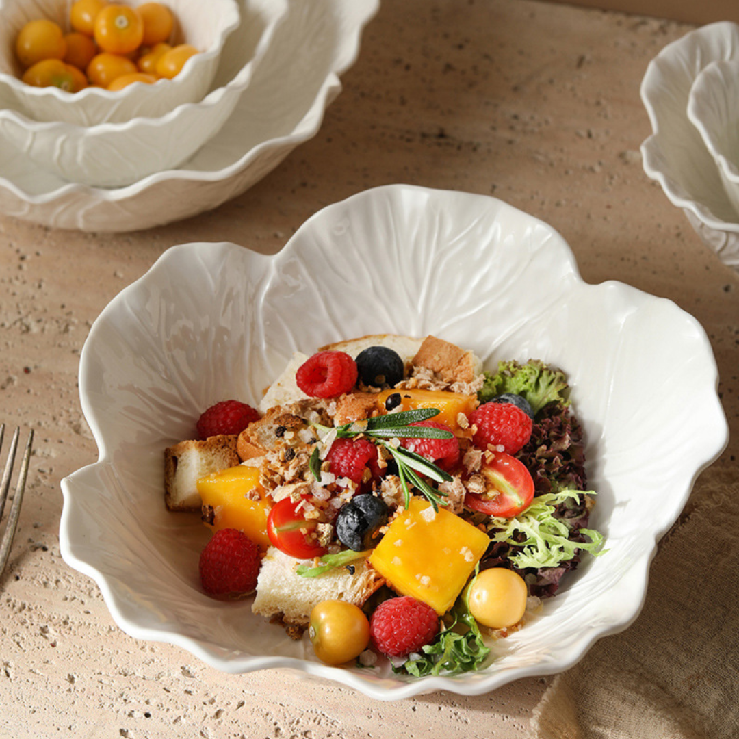 White Ceramic Cabbage Leaf Bowl Series (5)