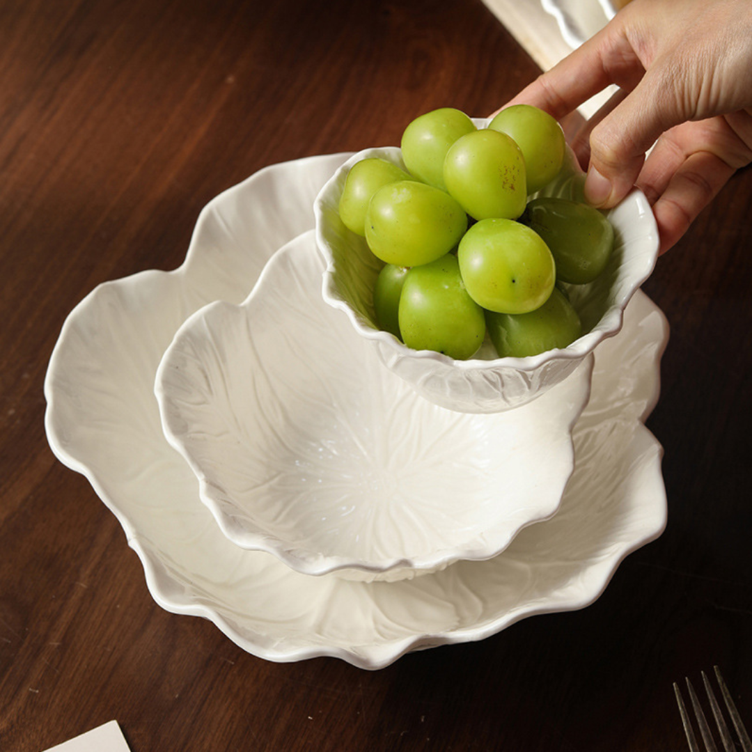 White Ceramic Cabbage Leaf Bowl Series (6)