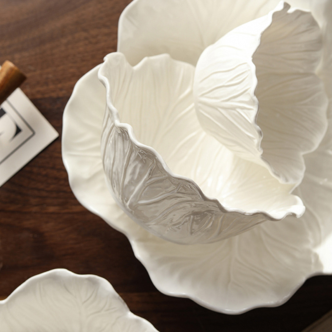 White Ceramic Cabbage Leaf Bowl Series (7)